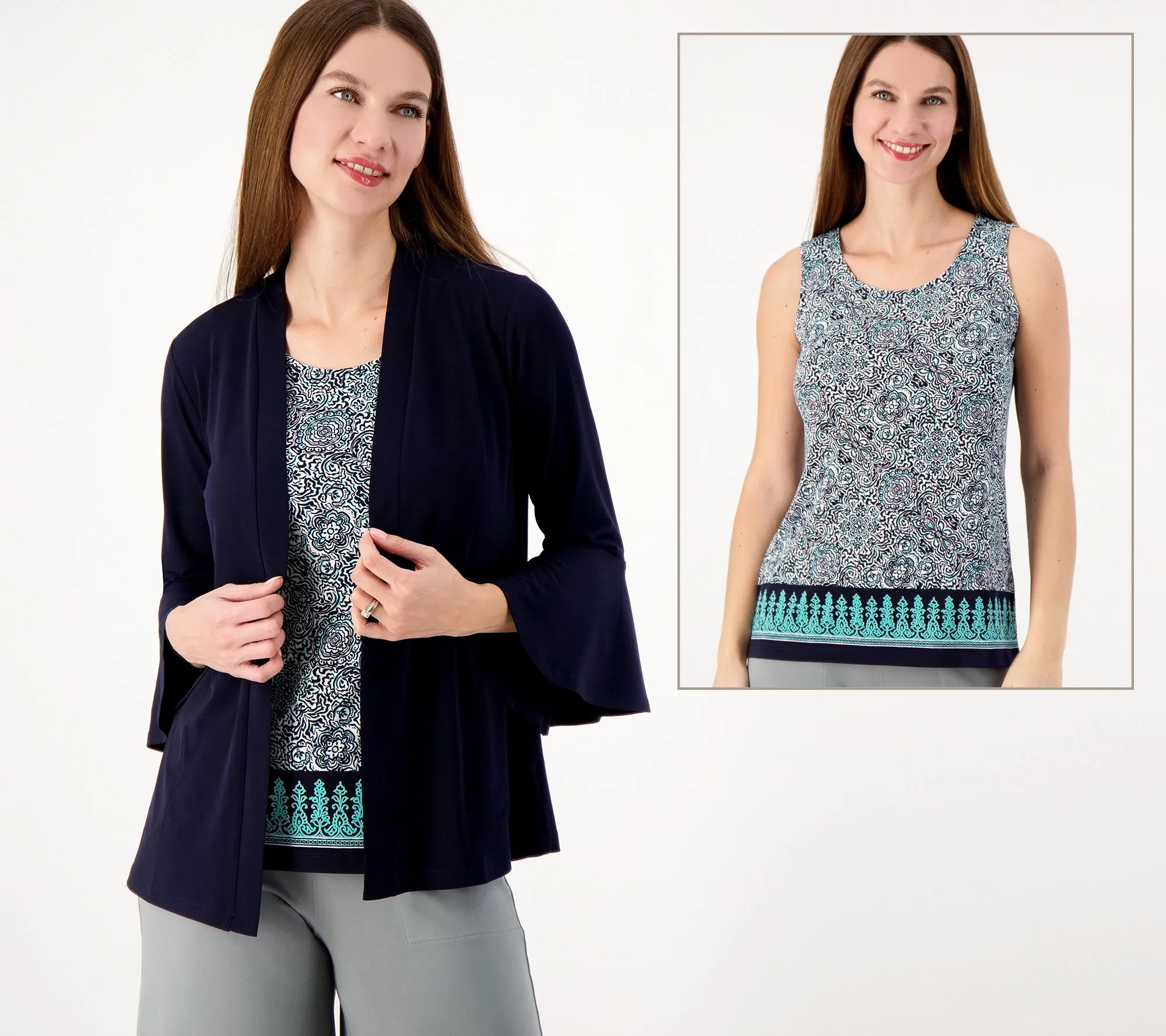 "As Is" Susan Graver Liquid Knit Cardigan & Printed Liquid Knit Tank Set