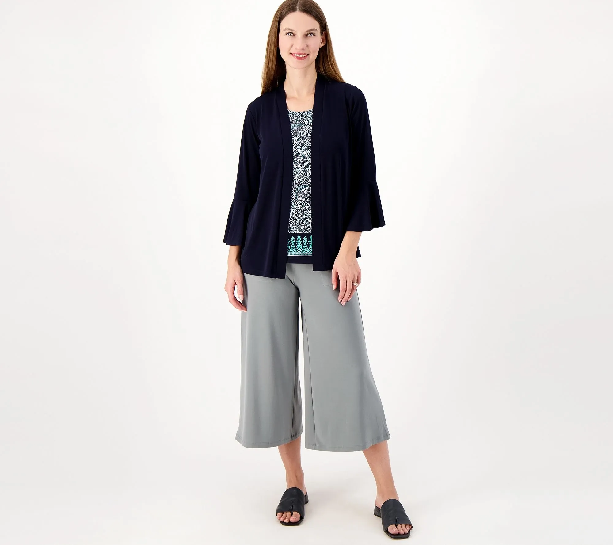 "As Is" Susan Graver Liquid Knit Cardigan & Printed Liquid Knit Tank Set