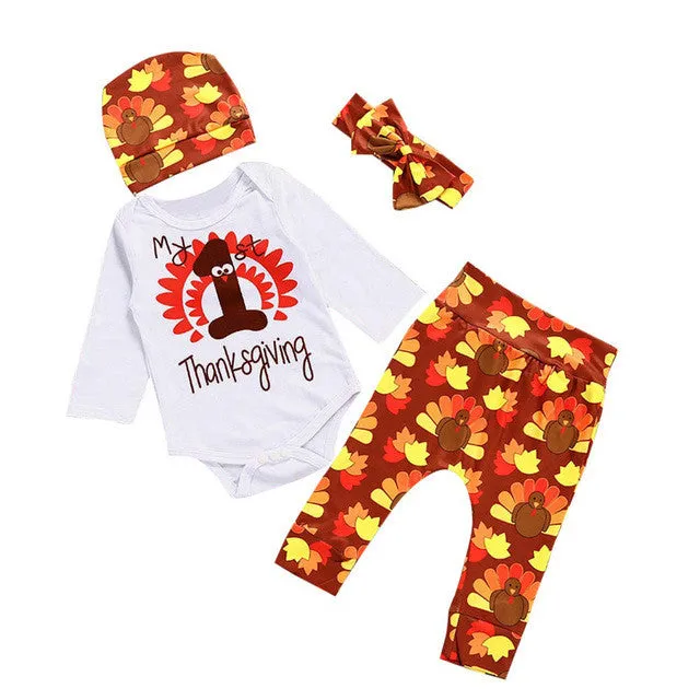 4Pcs/Sets Newborn Baby Girl Boy Clothes Print Rompers+Floral Pants+Hats+Headband Infants Baby Kids ThanksGiving Outfits Set