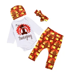 4Pcs/Sets Newborn Baby Girl Boy Clothes Print Rompers+Floral Pants+Hats+Headband Infants Baby Kids ThanksGiving Outfits Set