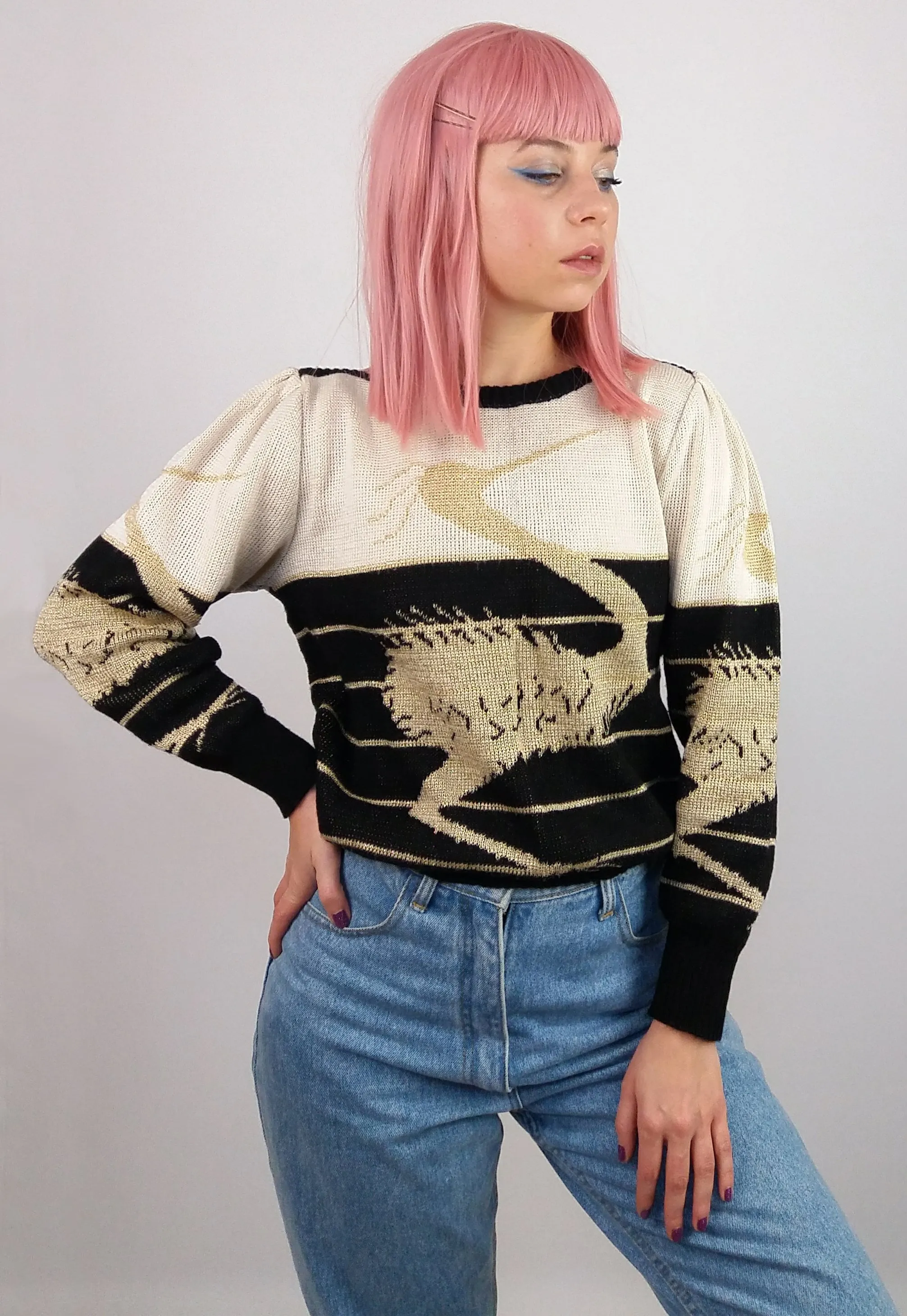 80's Gold Thread Bird Sweater