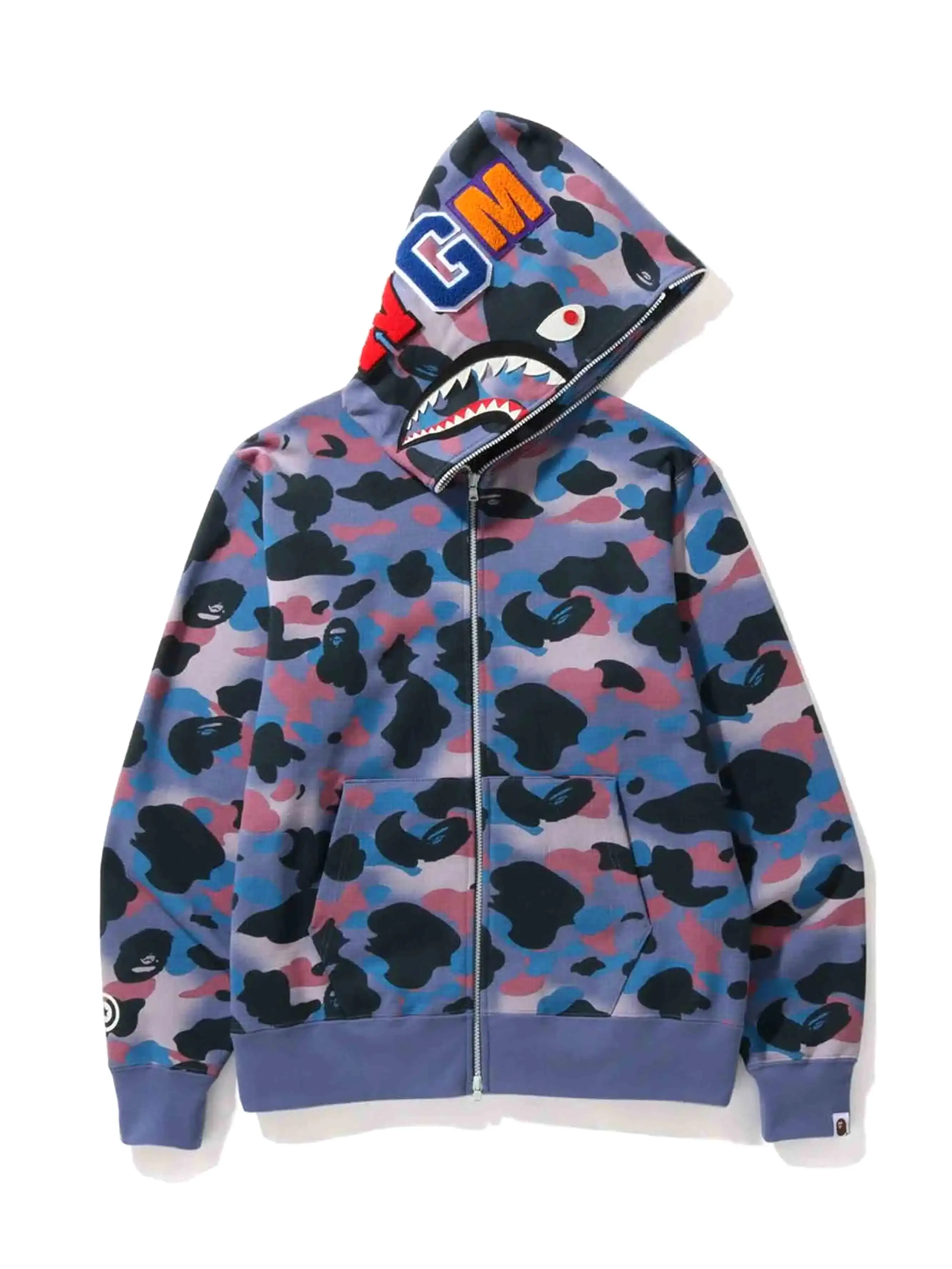 A Bathing Ape Grid Camo Shark Full Zip Hoodie Purple