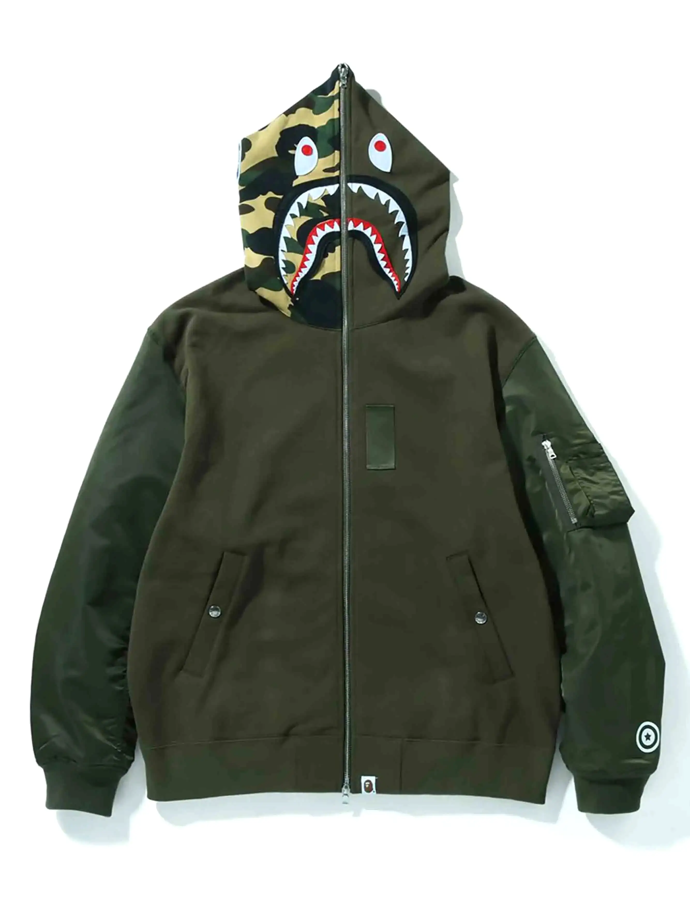 A Bathing Ape Military Shark Relaxed Fit Full Zip Hoodie Olive