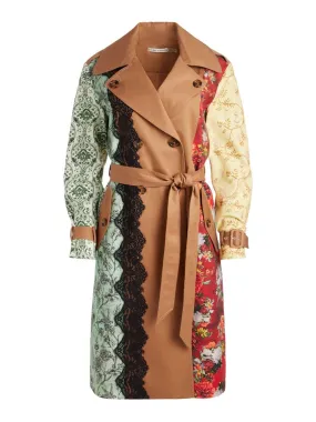 Alice + Olivia Keith Midi Trench w/ Lace Detail in Tan/Multi