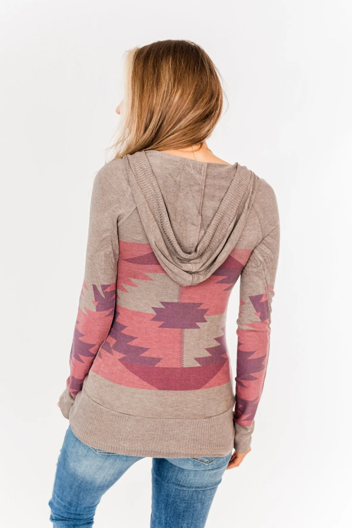 Aztec Knit Hoodie- Grey, Pink & Purple