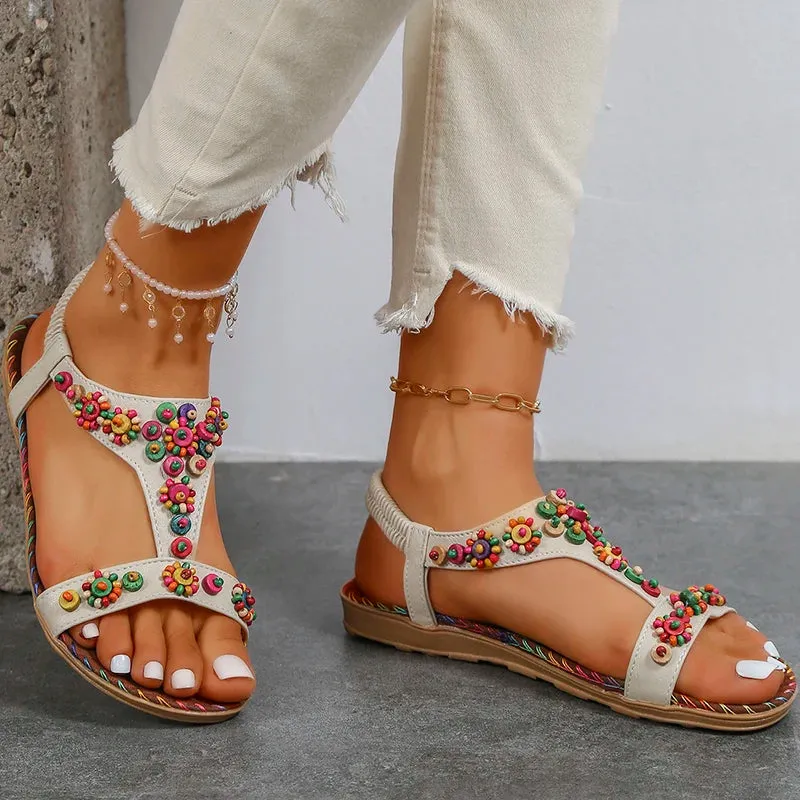 Beaded Flowers Flat Heeled Sandals Open Toe Bohemian Elastic Strap