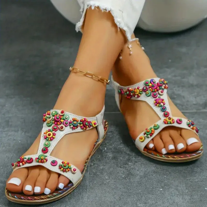 Beaded Flowers Flat Heeled Sandals Open Toe Bohemian Elastic Strap