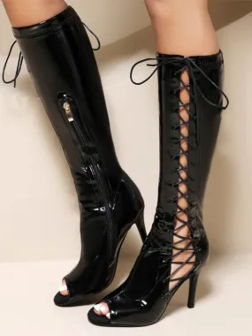 Black Knee High Boots Open Toe Lace Up High Heel Sandal Boots