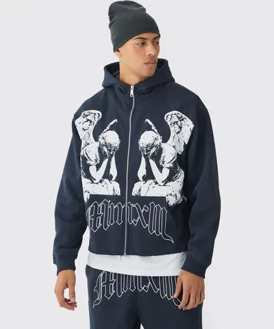 boohooMAN Mens Oversized Boxy Zip Through Renaissance Graphic Hoodie