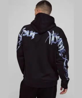 boohooMAN Mens Oversized Over Seams Gothic Graphic Hoodie