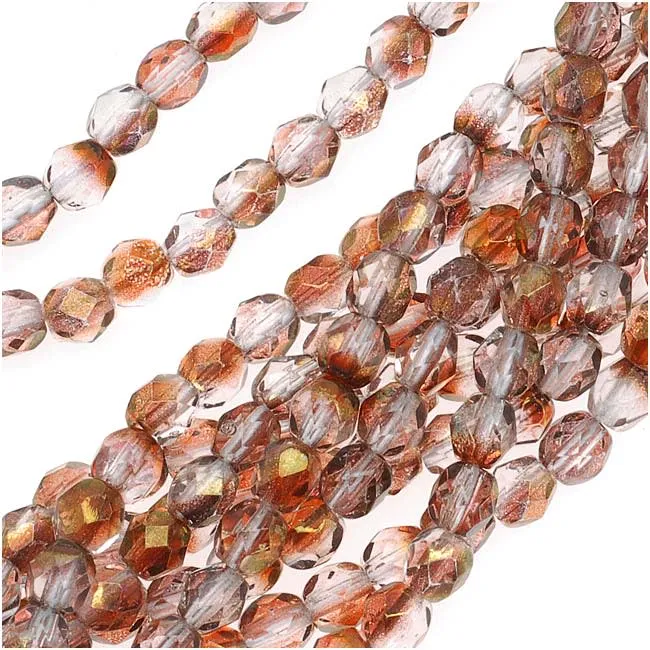 Czech Fire Polished Glass Beads 4mm Round 1/2 Coat Luster Crystal/Rose (50 pcs)