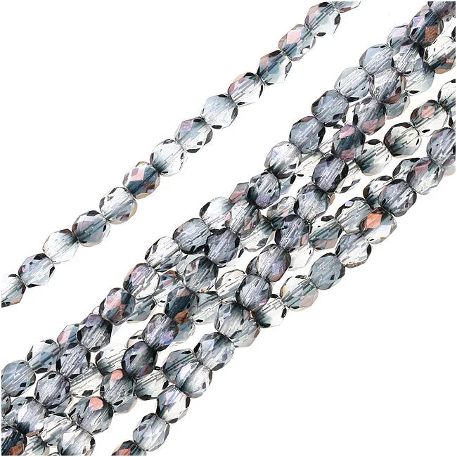 Czech Fire Polished Glass Beads, 4mm Round, Luster Black Diamond, (1 Strand)