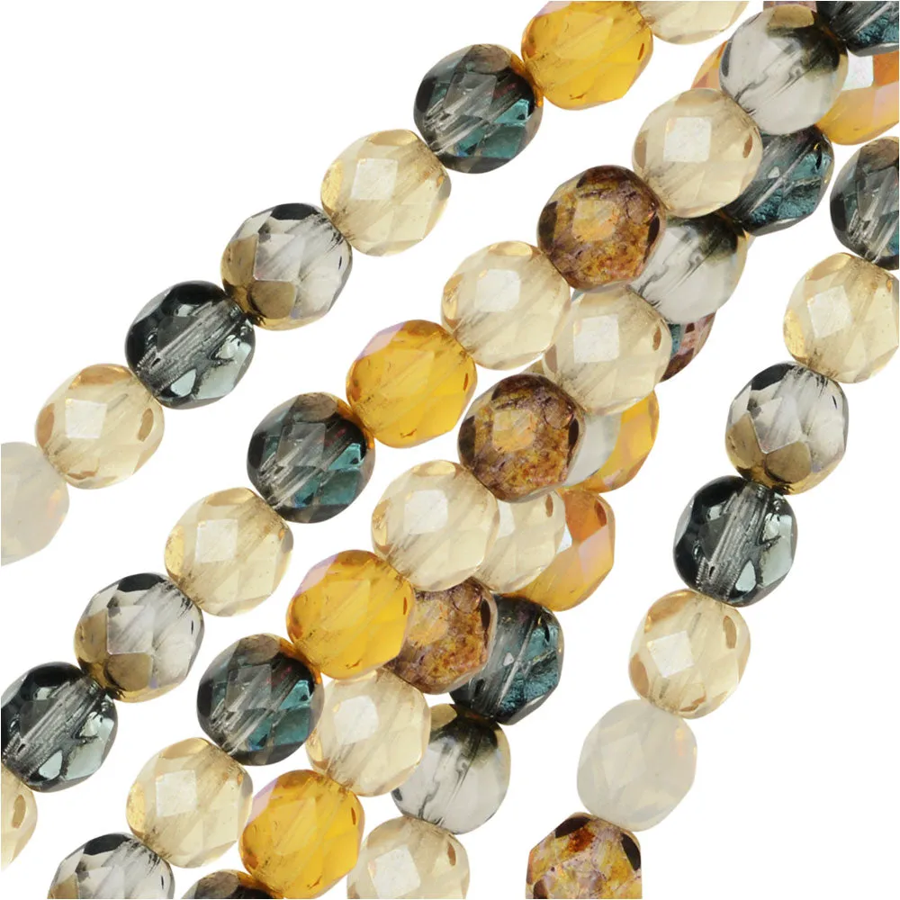 Czech Fire Polished Glass Beads, Faceted Round 6mm, Honey Butter Mix (25 Pieces)