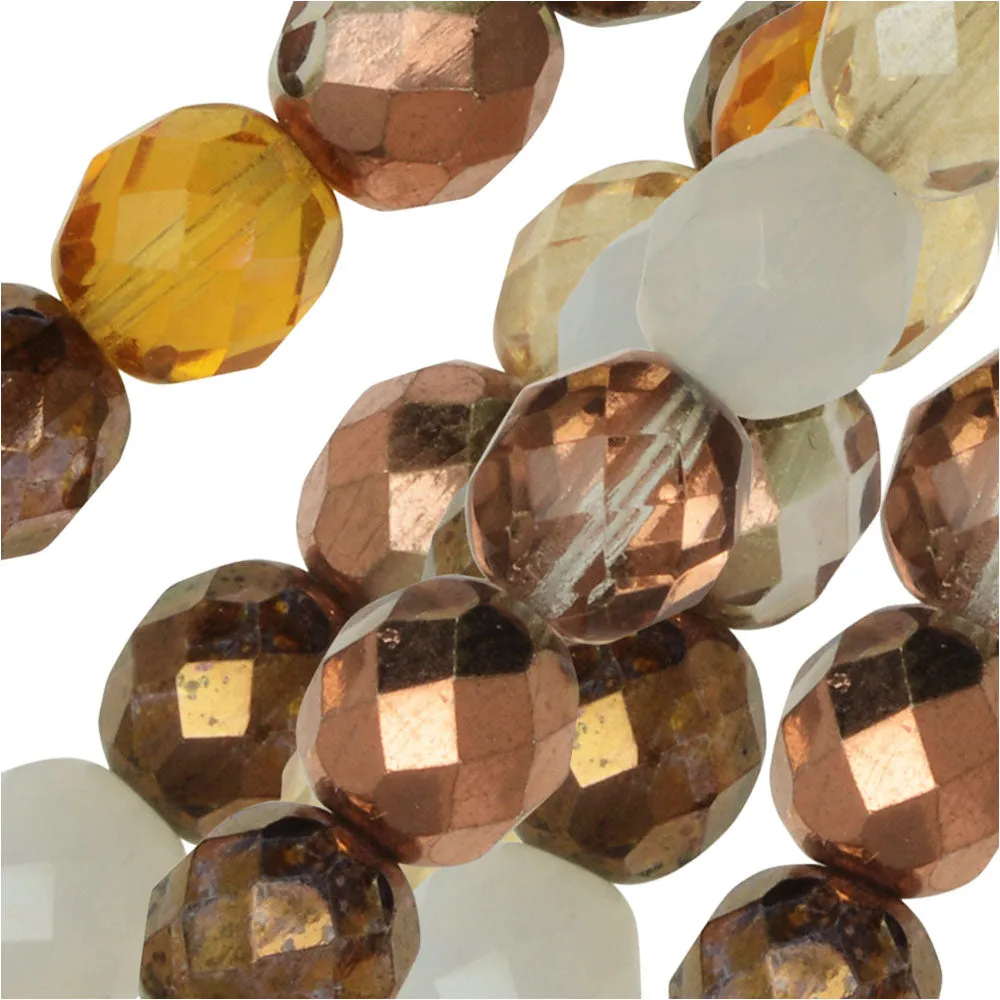 Czech Fire Polished Glass Beads, Faceted Round 8mm, Honey Butter Mix (50 Pieces)