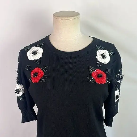 EscadaBlackWith Beaded Flowers Sweater Top