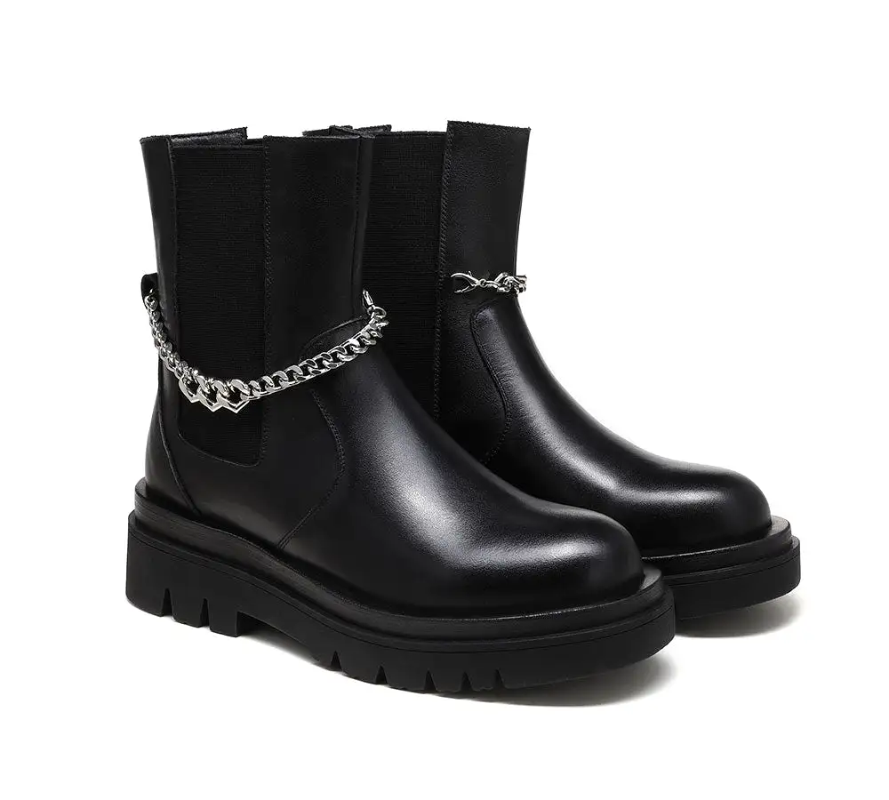 EVERAU Black Leather Ankle Boots With Removable Metal Chain Decor Women Cheska