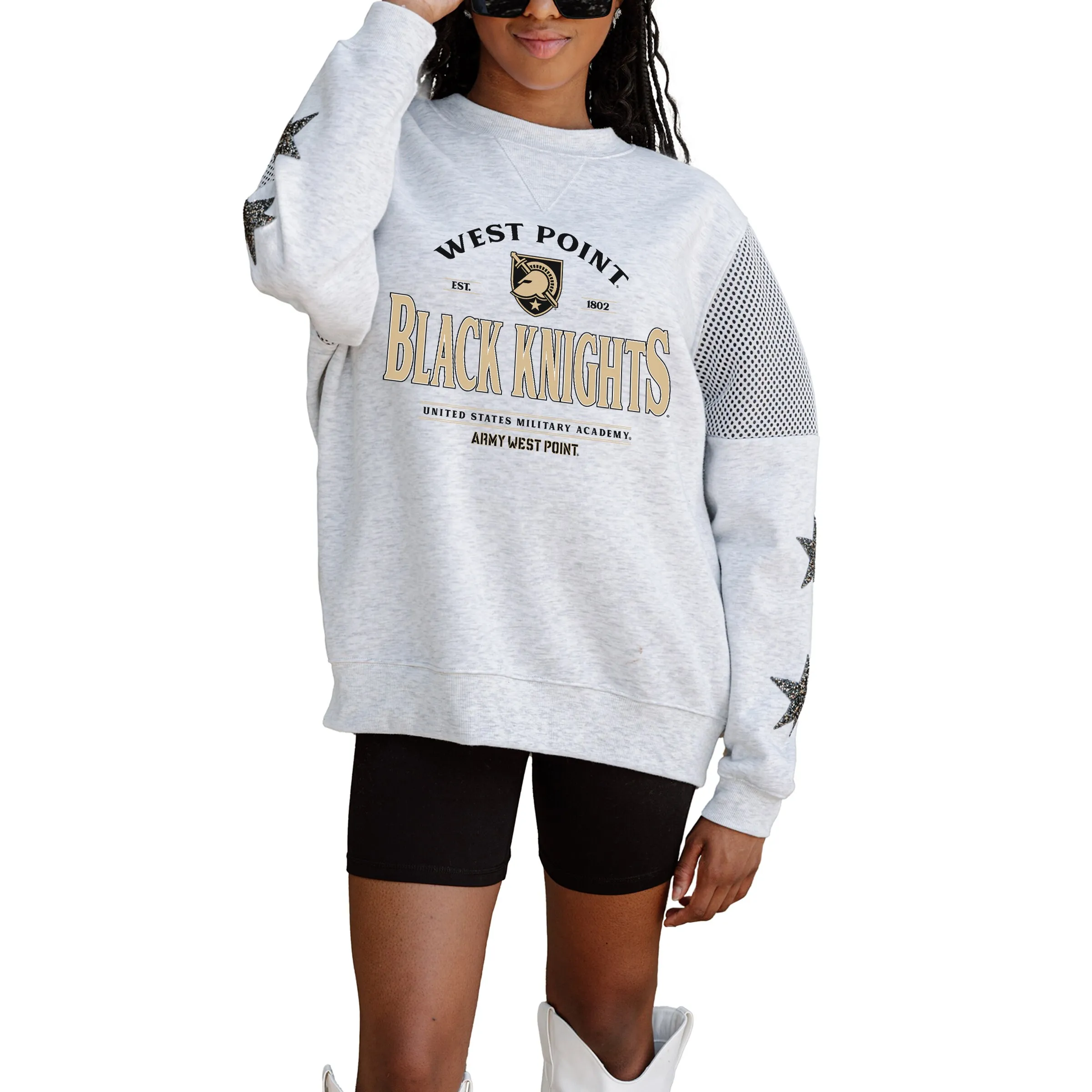 Gameday Couture Army Black Knights Women's Ash Rhinestone Star Mesh Shoulder Fleece Pullover Sweatshirt