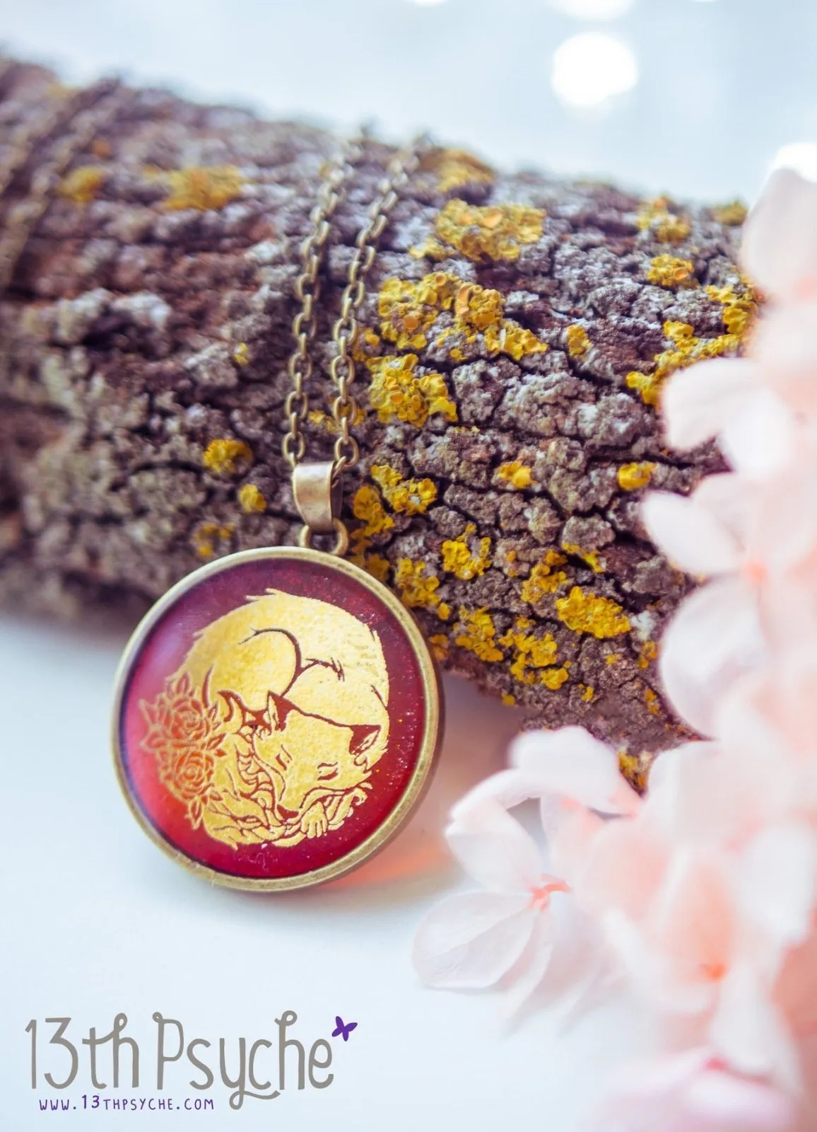 Gold sleeping fox resin pendant necklace