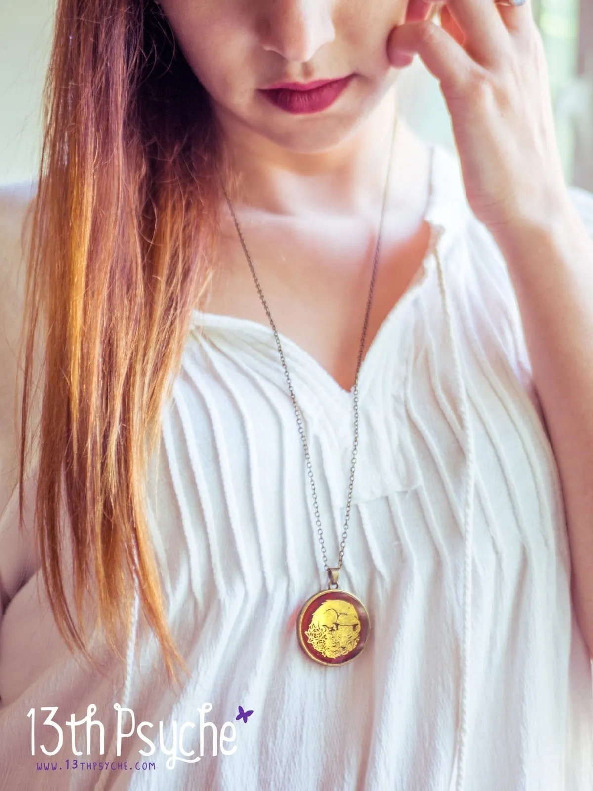 Gold sleeping fox resin pendant necklace