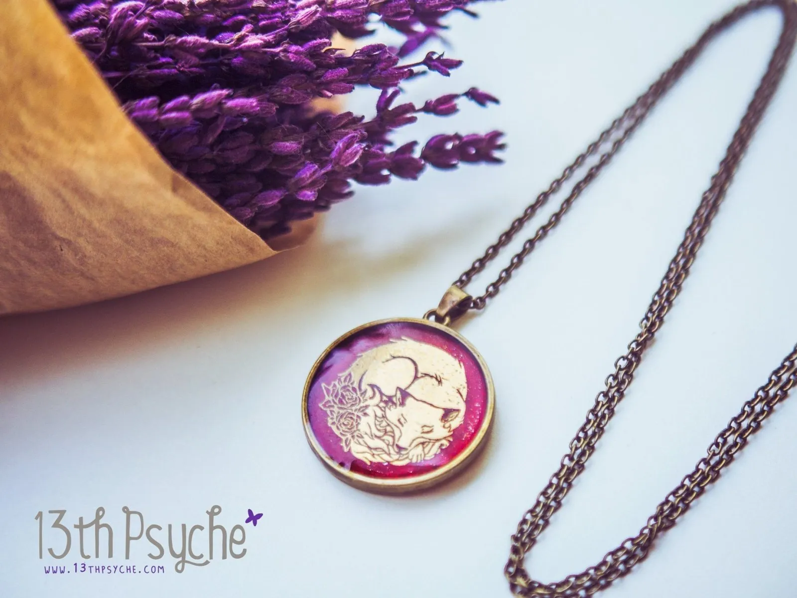 Gold sleeping fox resin pendant necklace