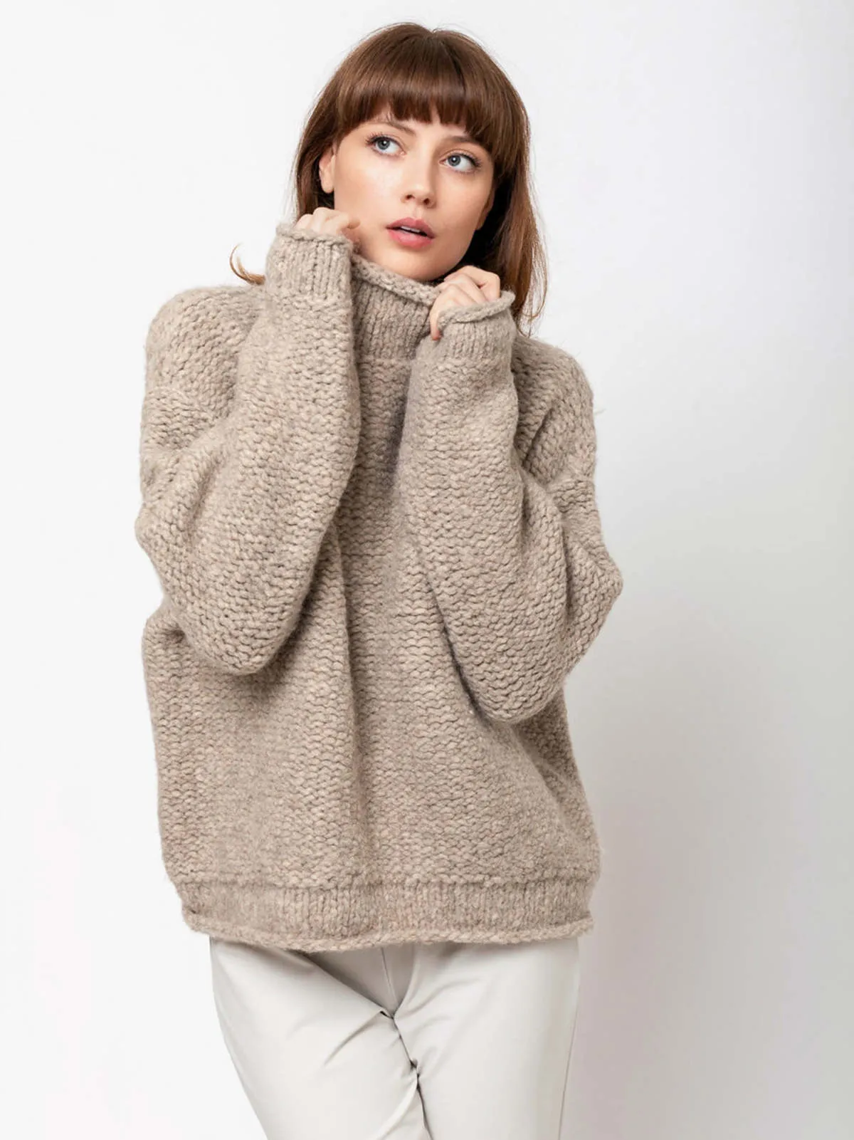 Handknit Purl Rollneck Sweater - Dust