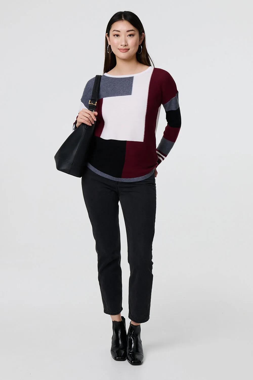 Izabel London – Colour Block Curve Hem Boat Neck Jumper