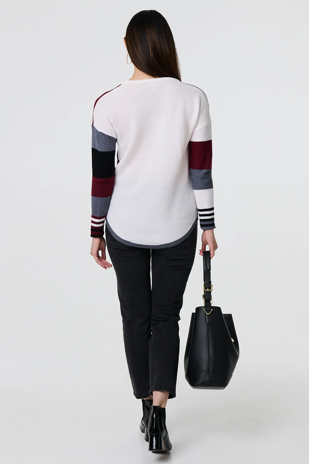 Izabel London – Colour Block Curve Hem Boat Neck Jumper