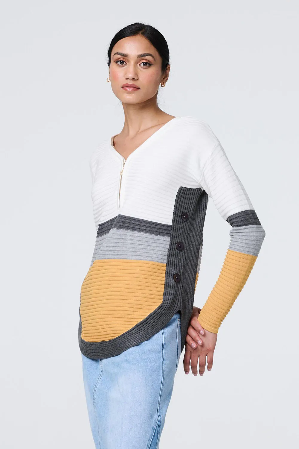 Izabel London – Colour Block Zip Detail V-Neck Jumper