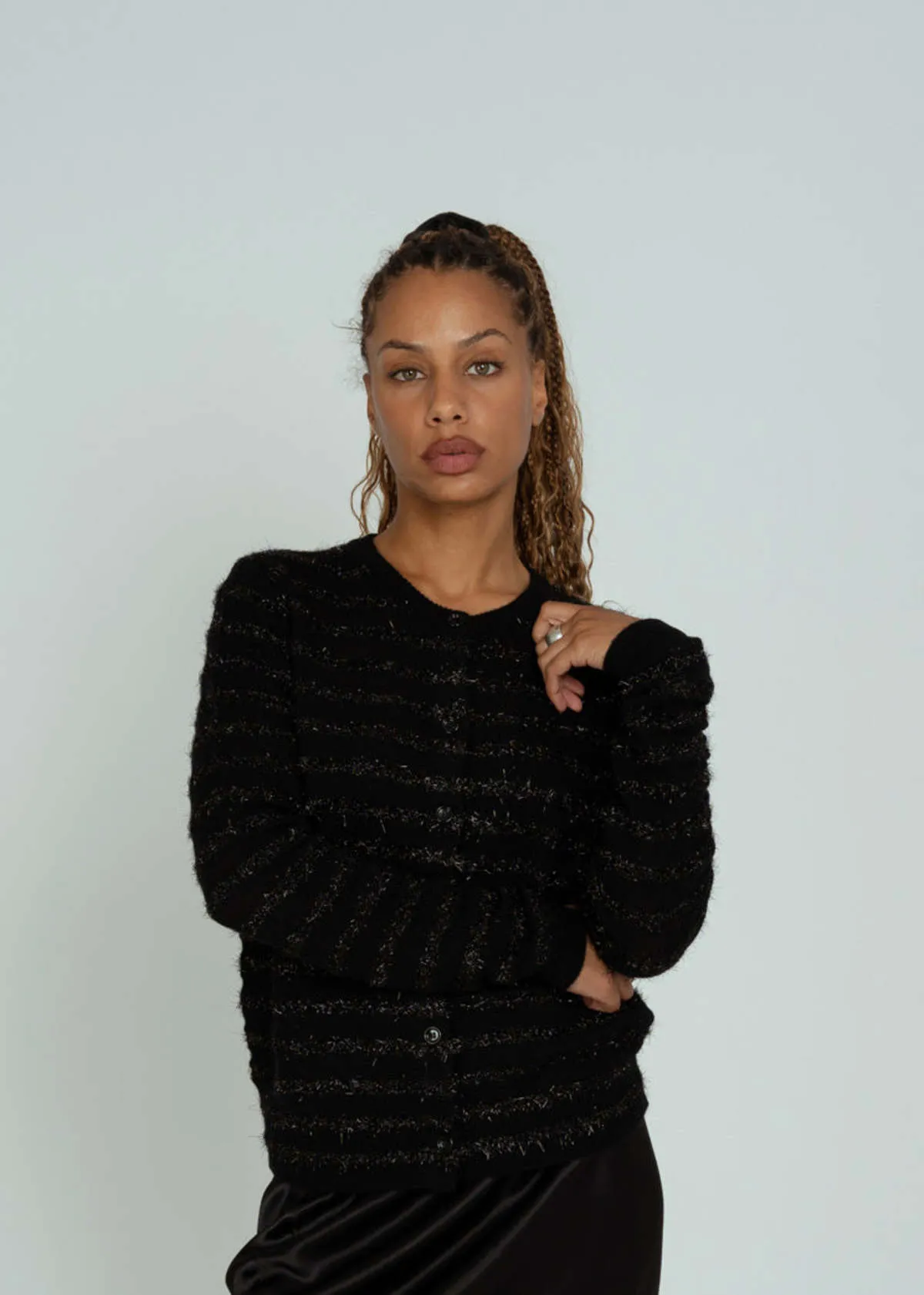 Knit Cardigan Sweater - Black Tinsel