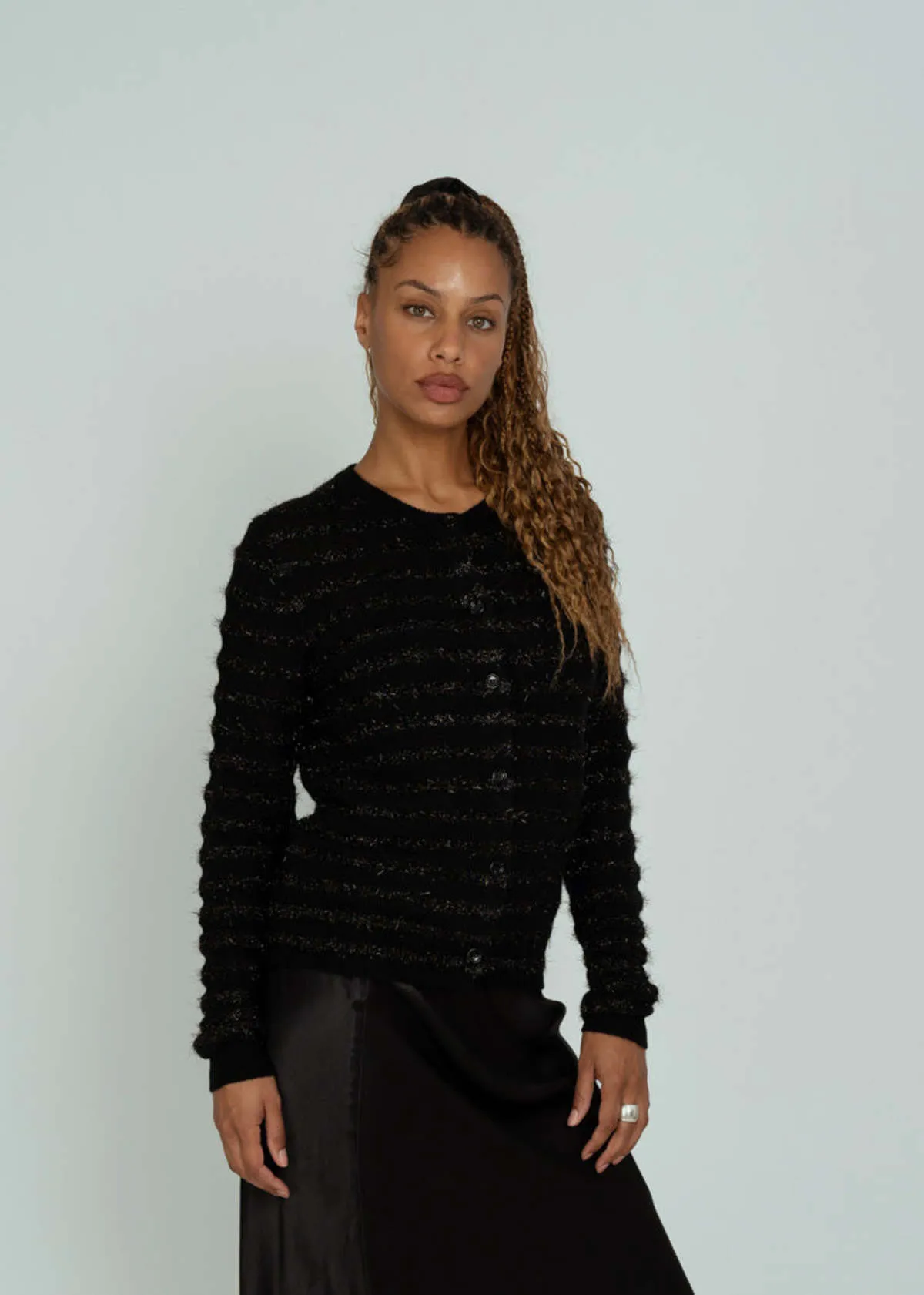 Knit Cardigan Sweater - Black Tinsel