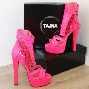 Lace Up Neon Pink Designer Peep Toe Booties