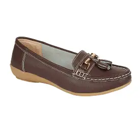 Ladies Leather Slip on Chocolate Shoes Nautical Flat Jo & Joe