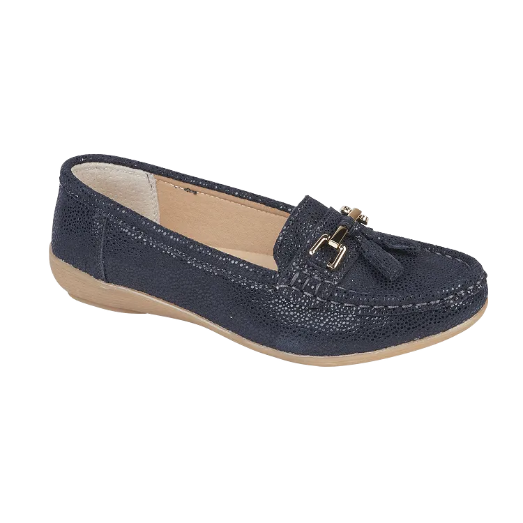 Ladies Leather Slip on Navy Shoes Tahiti Flat Jo & Joe