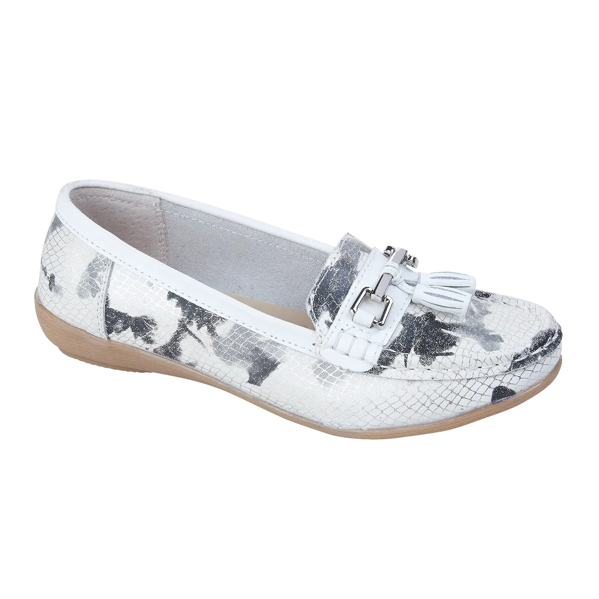 Ladies Leather Slip on White Multi Shoes Helsinki Flat Jo & Joe