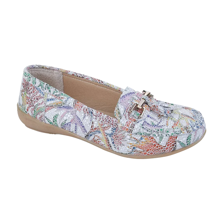 Ladies Leather Slip on White Multi Shoes Rio Flat Jo & Joe