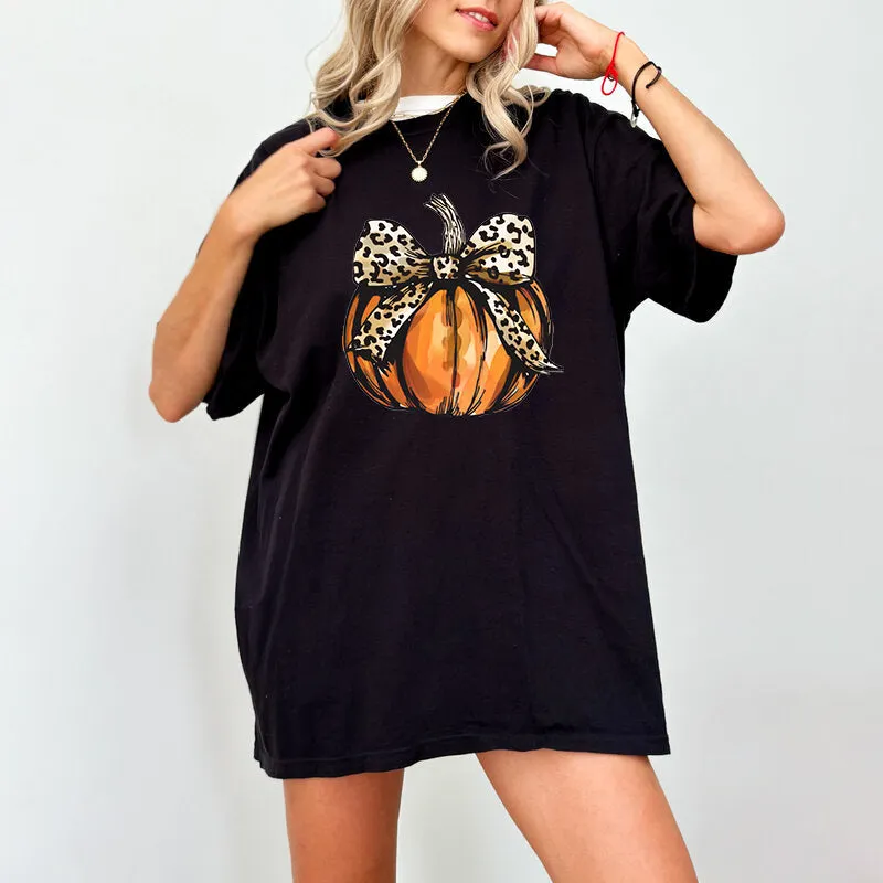 Leopard Print Pumpkin Halloween T Shirt for Women