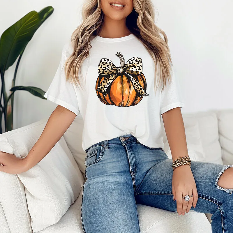 Leopard Print Pumpkin Halloween T Shirt for Women