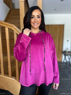 Lipstick Pink Velour Leopard Hoodie Caron