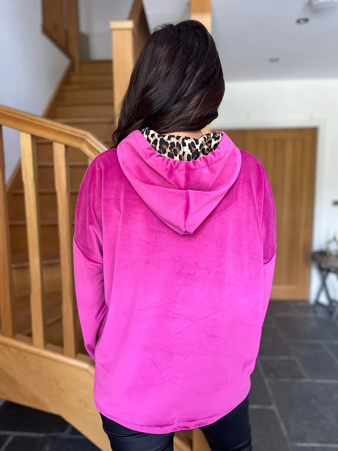 Lipstick Pink Velour Leopard Hoodie Caron