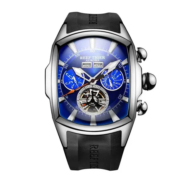 Men's Rubber Strap Automatic Mechanical Year Month Display Tourbillon Watch