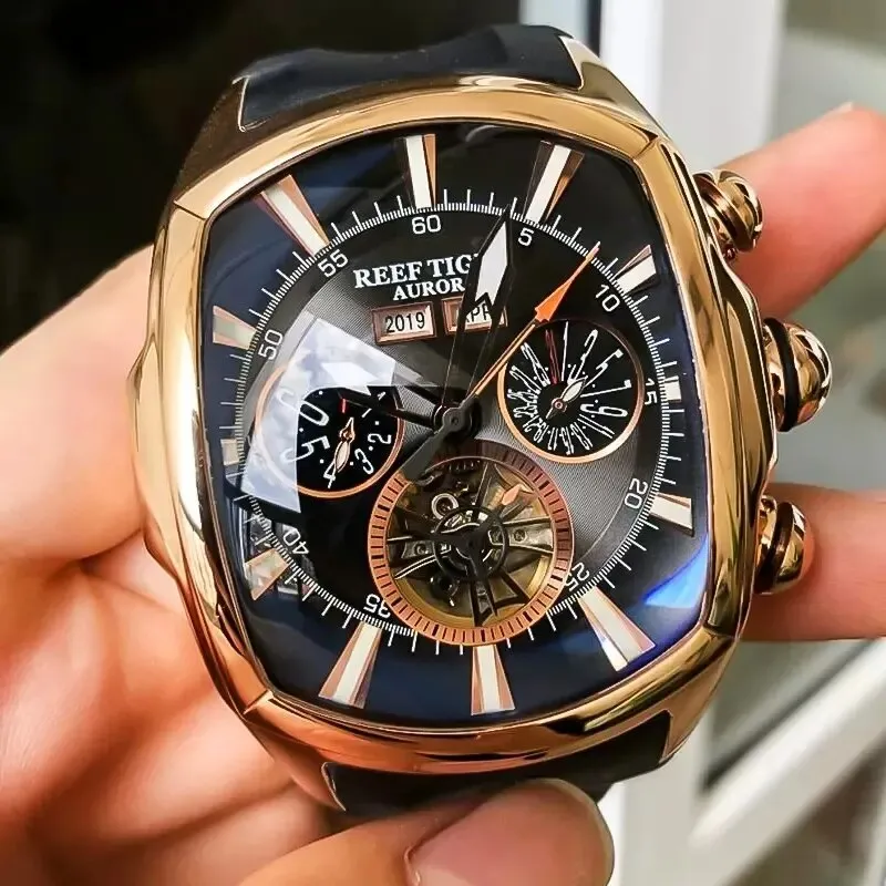 Men's Rubber Strap Automatic Mechanical Year Month Display Tourbillon Watch