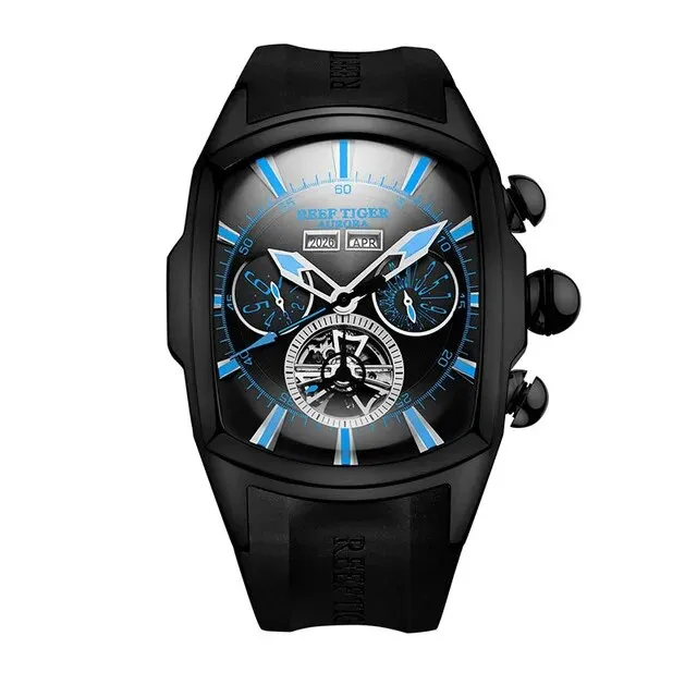 Men's Rubber Strap Automatic Mechanical Year Month Display Tourbillon Watch