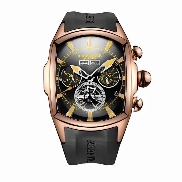 Men's Rubber Strap Automatic Mechanical Year Month Display Tourbillon Watch