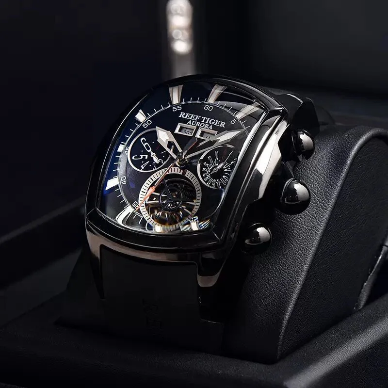 Men's Rubber Strap Automatic Mechanical Year Month Display Tourbillon Watch