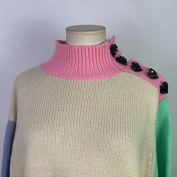 OliviaRubinpink green blue color block/beaded hearts sweater