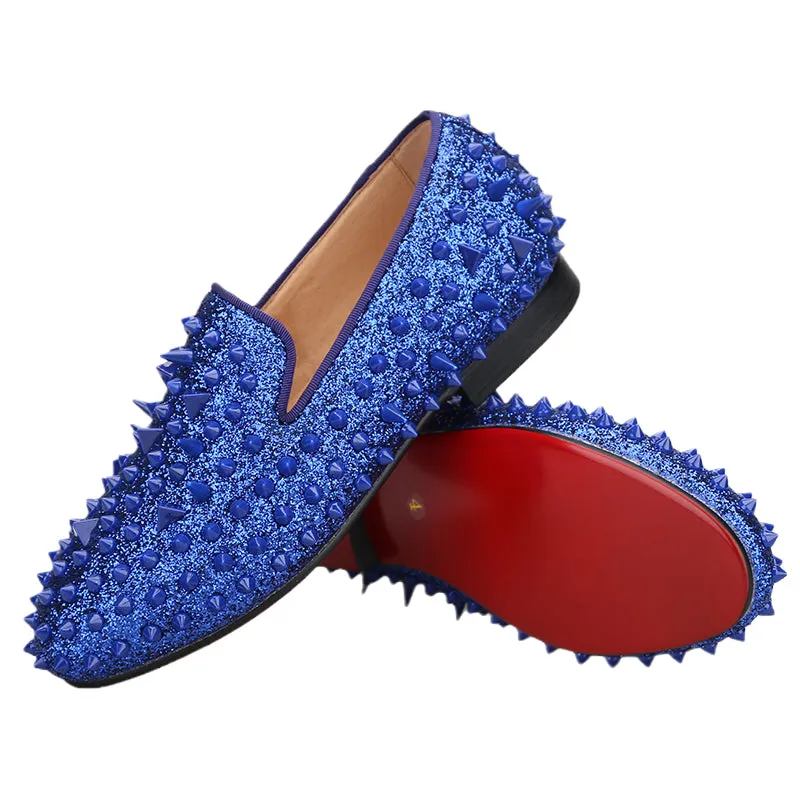 OneDrop Kids Handmade Blue Leather Spikes Children Shoes Wedding Birthday Prom Party Loafers