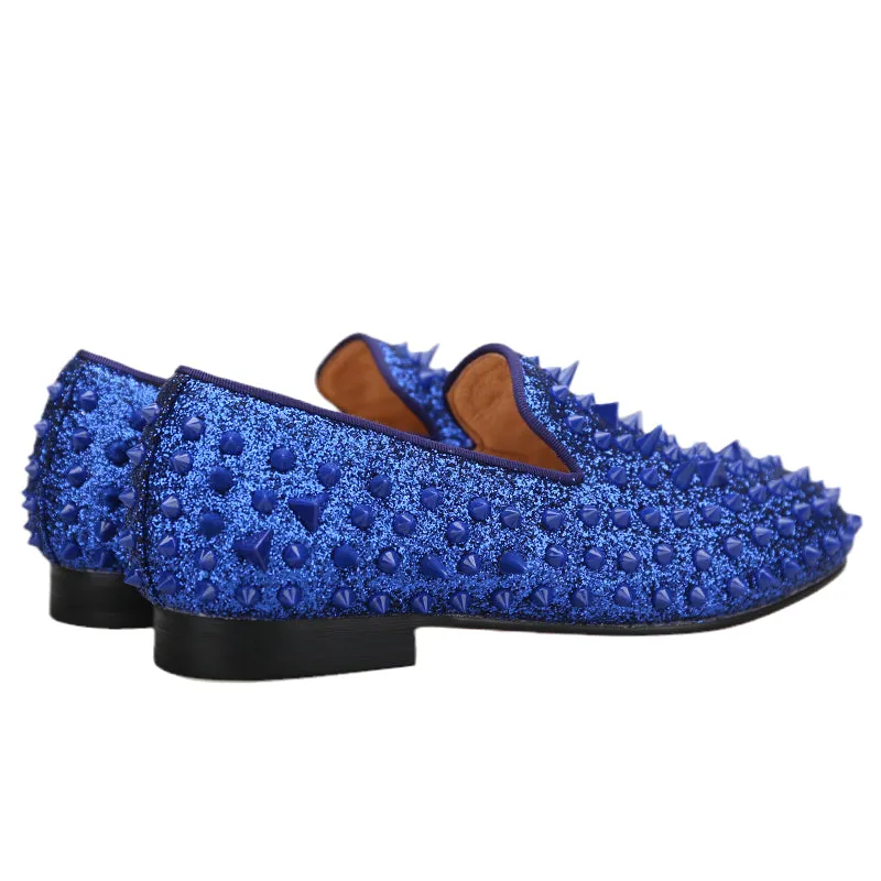 OneDrop Kids Handmade Blue Leather Spikes Children Shoes Wedding Birthday Prom Party Loafers