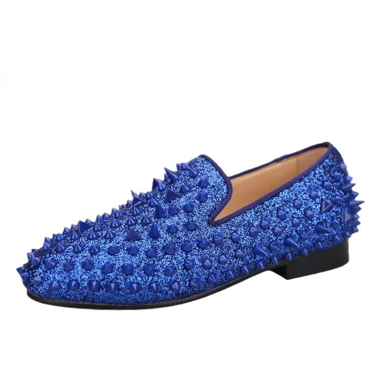 OneDrop Kids Handmade Blue Leather Spikes Children Shoes Wedding Birthday Prom Party Loafers