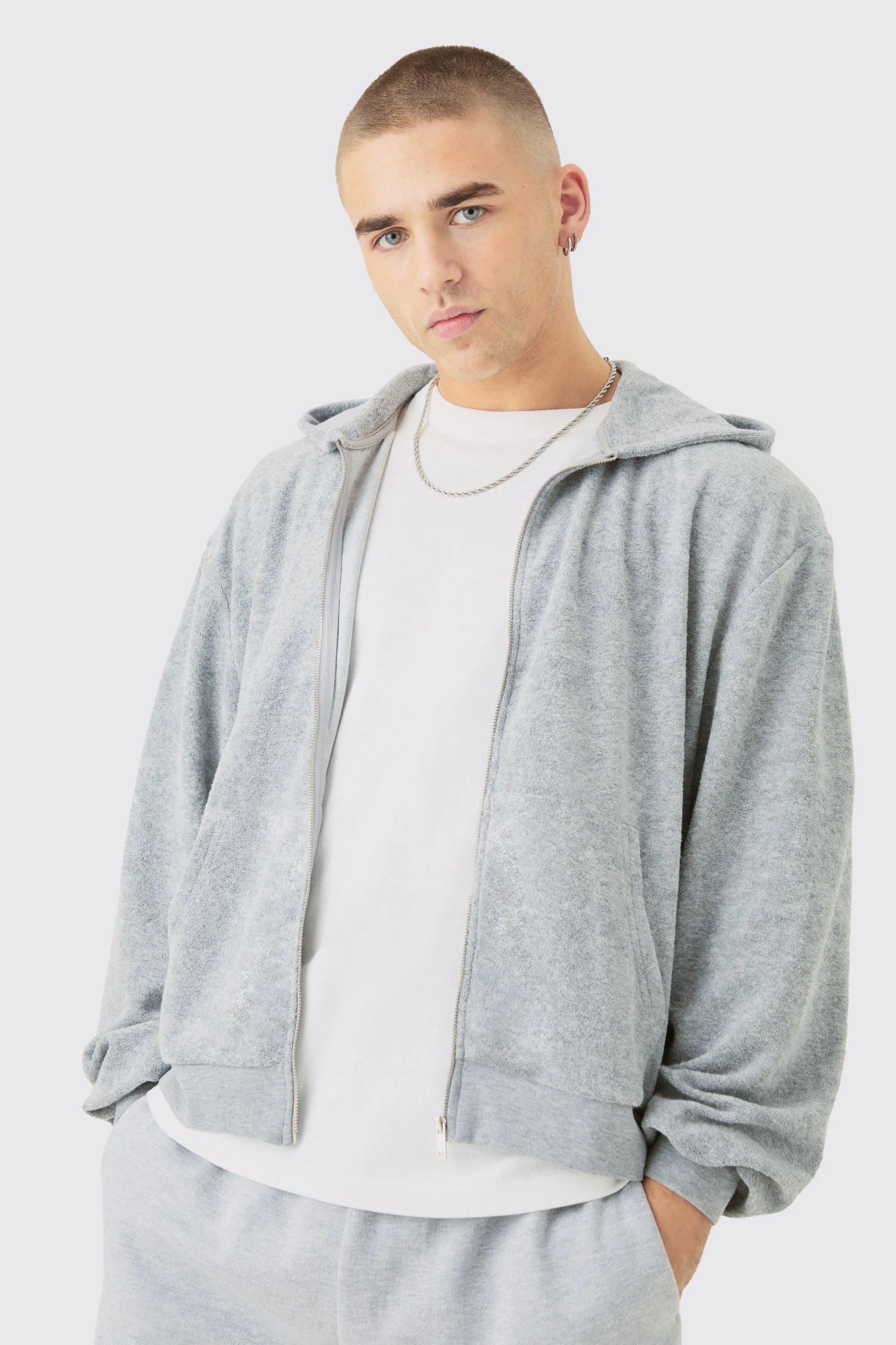 Oversized Boxy Zip Towelling Hoodie | boohooMAN UK