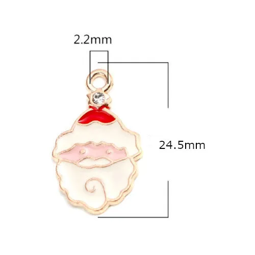 Pendants, Father Christmas Head, Red, White, Enameled, With Rhinestone, Light Gold, Alloy, 24.5mm